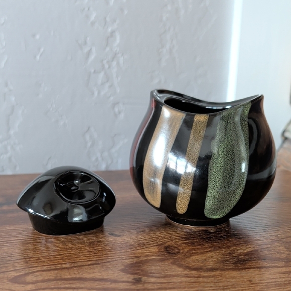 Sango Avanti Flair Black Sugar Bowl Stoneware Vase with Tan Green Stripes - Picture 2 of 7